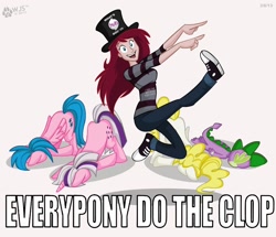 Size: 1692x1458 | Tagged: safe, artist:wolfjedisamuel, firefly, spike, surprise, twilight, human, g1, asdfmovie, everybody do the flop, g1 to g4, generation leap, hat, image macro, lauren faust, parody, top hat