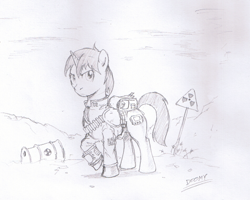 Size: 800x640 | Tagged: safe, artist:doomy, oc, oc only, oc:littlepip, pony, unicorn, fallout equestria, black and white, clothes, fanfic, fanfic art, female, grayscale, ionizing radiation warning symbol, mare, monochrome, pencil drawing, pipbuck, solo, toxic waste, traditional art, vault suit, wasteland