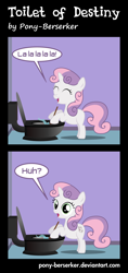 Size: 1900x4022 | Tagged: safe, artist:pony-berserker, sweetie belle, pony, unicorn, comic:toilet of destiny, 2012, 2013, cleaning, comic, cutie mark, destiny, dialogue, eyes closed, female, filly, hoof hold, inkscape, open mouth, singing, smiling, solo, speech bubble, splash, standing, surprised, toilet, toilet cleaner, toilet humor, toilet mark crusaders, toilet plunger, vector, wide eyes