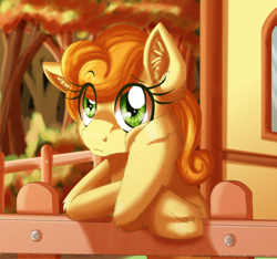 Size: 900x844 | Tagged: safe, artist:inuhoshi-to-darkpen, carrot top, golden harvest, ear fluff, fence, unshorn fetlocks