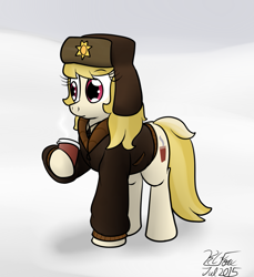 Size: 949x1037 | Tagged: safe, artist:the-furry-railfan, march gustysnows, earth pony, pony, coffee, hat, police, snow, ushanka