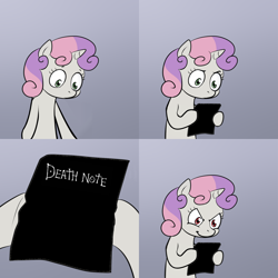 Size: 2000x2000 | Tagged: safe, sweetie belle, pony, unicorn, bipedal, death note, exploitable meme, female, filly, gradient background, hoof hold, horn, letter, meme, paper, solo, sweetie's note meme, this will end in death, two toned hair, white coat