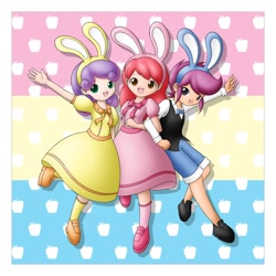 Size: 1200x1200 | Tagged: safe, artist:jdan-s, apple bloom, scootaloo, sweetie belle, bowtie, bunny ears, clothes, crossdressing, dress, humanized, kors k, shorts, wuv u