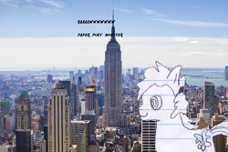 Size: 1500x1000 | Tagged: safe, oc, oc only, oc:sketchy the notebook pony, pony, city, giant pony, irl, lined paper, new york city, paper, photo, real, solo, traditional art