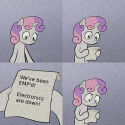 Size: 1000x1000 | Tagged: safe, sweetie belle, pony, unicorn, bipedal, call of duty, emp, exploitable meme, female, filly, gradient background, hoof hold, horn, letter, meme, nervous, paper, solo, sweetie's note meme, two toned hair, white coat