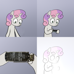 Size: 2000x2000 | Tagged: safe, sweetie belle, pony, unicorn, bipedal, blinded by the light, exploitable meme, female, filly, flashbang, gradient background, grenade, hoof hold, horn, letter, meme, paper, solo, sweetie's note meme, two toned hair, white coat, you fool