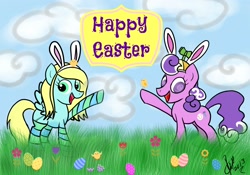 Size: 2120x1484 | Tagged: safe, artist:vet2b, screwball, oc, bunny ears, clothes, easter, easter egg, egg, hat, pegasisters live, propeller hat, socks, striped socks, swirly eyes