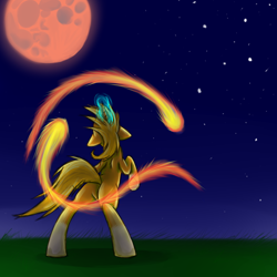 Size: 1000x1000 | Tagged: safe, artist:bingodingo, oc, oc only, oc:firebug, bushfire moon, dancing, fire, firebug, harvest moon