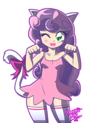 Size: 2915x4000 | Tagged: safe, artist:danmakuman, sweetie belle, cat, human, catgirl, clothes, cute, diasweetes, dress, female, humanized, kitty belle, one eye closed, open mouth, simple background, solo, transparent background