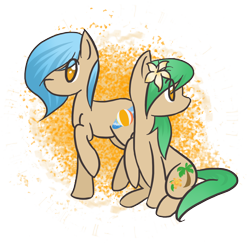 Size: 1644x1600 | Tagged: safe, artist:theblueprintforlife, oc, oc only, oc:palm breeze, oc:summer tan, earth pony, pony, flower, twins