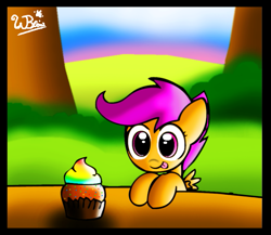 Size: 705x611 | Tagged: safe, artist:neoncabaret, scootaloo, pegasus, pony, cupcake, cute, cutealoo, fan, rainbow cupcake, solo, tongue out