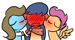 Size: 1280x697 | Tagged: safe, artist:fiddlearts, beauty brass, fiddlesticks, scootaloo, apple family member, blushing, female, fiddlebrass, fiddleloo, kiss on the cheek, kiss sandwich, kissing, lesbian, ot3, polyamory, scootasticks