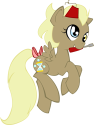 Size: 413x549 | Tagged: safe, artist:ellisarts, oc, oc only, oc:time loop, pegasus, pony, fez, hat, heterochromia, offspring, older, parent:derpy hooves, parent:doctor whooves, parents:doctorderpy, screwdriver, simple background, tail bow, transparent background