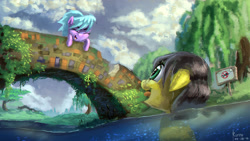 Size: 1920x1080 | Tagged: safe, artist:ruffu, derpibooru import, cloudchaser, oc, bridge, sign, water, wet