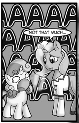 Size: 521x813 | Tagged: safe, artist:anibaruthecat, sweetie belle, oc, oc:cobalt, comic:cutiemark check-up, canon x oc, cropped, monochrome, sweetie derelle