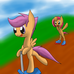 Size: 2600x2600 | Tagged: safe, artist:flashiest lightning, babs seed, scootaloo, cutie mark crusaders, fast, filly, foal, hill, playing, roller skates, scooter