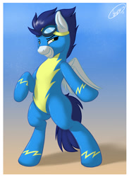 Size: 1833x2500 | Tagged: safe, artist:skipsy, derpibooru import, soarin', pegasus, pony, bipedal, clothes, grin, male, smiling, solo, stallion, uniform, wonderbolts uniform