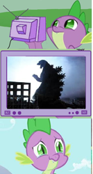 Size: 588x1100 | Tagged: safe, derpibooru import, spike, dragon, kaiju, exploitable meme, godzilla, godzilla (series), godzilla junior, godzilla vs destoroyah, meme, obligatory pony, tears of joy, tv meme