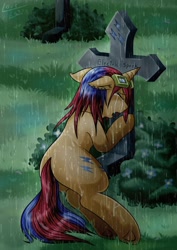 Size: 1414x2000 | Tagged: safe, artist:vavacung, oc, oc only, oc:sweet voltage, pony, unicorn, crying, goggles, grave, gravestone, graveyard, implied death, mourning, rain, solo, underhoof