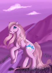 Size: 750x1050 | Tagged: safe, artist:cyzzane, derpibooru import, earth pony, g1, blue eyes, cloud, female, legs raised, long mane, long tail, road, satin 'n lace, smiling, solo