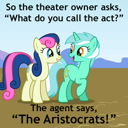 Size: 500x500 | Tagged: safe, edit, edited screencap, screencap, bon bon, lyra heartstrings, sweetie drops, dragonshy, caption, cropped, duo, image macro, joke, the aristocrats