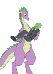 Size: 812x1140 | Tagged: safe, artist:carnifex, barb, spike, oc, oc:anon, dragon, human, carrying, female, male, older, older spike, rule 63, shipping, straight