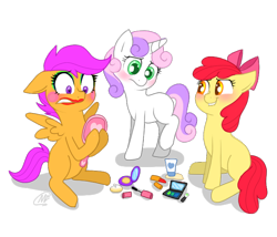 Size: 700x600 | Tagged: safe, artist:mc10215, derpibooru import, apple bloom, scootaloo, sweetie belle, blushing, bow, cutie mark crusaders, hair bow, lipstick, makeover, makeup