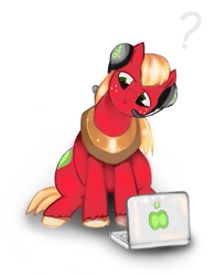 Size: 477x611 | Tagged: safe, artist:incomplete-obsession, derpibooru import, big macintosh, earth pony, pony, computer, headphones, male, question mark, solo, stallion
