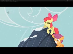 Size: 1024x768 | Tagged: safe, derpibooru import, apple bloom, scootaloo, earth pony, animation error, apple bloom's bow, female, filly, hair bow, red mane, yellow coat