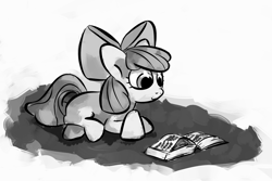 Size: 1800x1200 | Tagged: safe, artist:danielpon, derpibooru import, apple bloom, book, monochrome, reading, solo