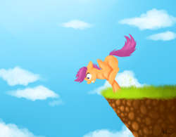 Size: 1090x850 | Tagged: safe, artist:wolf-spirit99, derpibooru import, scootaloo, pegasus, pony, blank flank, cliff, cloud, female, filly, grass, sky, solo
