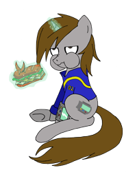 Size: 6866x9349 | Tagged: safe, artist:theblackemperor, derpibooru import, oc, oc only, oc:littlepip, pony, unicorn, fallout equestria, absurd resolution, aqua teen hunger force, broodwich, clothes, crossover, eating, fanfic, fanfic art, female, glowing horn, hooves, horn, levitation, magic, mare, pipbuck, scrunchy face, simple background, sitting, solo, telekinesis, this will end in death, this will not end well, transparent background, vault suit