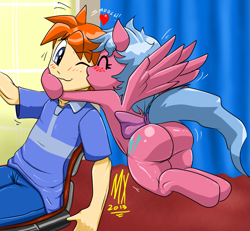 Size: 991x917 | Tagged: safe, artist:monkeyxflash, danny williams, firefly, human, g1, firedanny, heart, hug, interspecies, kissing, plot, tail bow