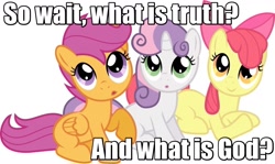 Size: 1156x691 | Tagged: safe, derpibooru import, edit, apple bloom, scootaloo, sweetie belle, babylon 5, cute, cutie mark crusaders, religious argument, silly fillies, text, vector