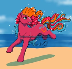 Size: 827x794 | Tagged: safe, artist:solkatt, derpibooru import, g1, beach, galloping, hula hula (g1 uk), piña colada (g1), solo, tropical ponies