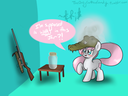 Size: 2200x1650 | Tagged: safe, artist:lightningnickel, oc, oc only, oc:cotton candy, pony, unicorn, blushing, crossover, cutie mark, female, gun, hooves, horn, jar, jarate, mare, optical sight, rifle, sniper, sniper rifle, solo, team fortress 2, weapon