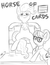 Size: 1041x1347 | Tagged: safe, artist:megasweet, derpibooru import, mayor mare, raven, writing desk, glasses, horse of cards, house of cards, monochrome, netflix, parody