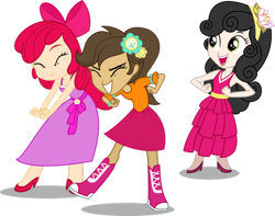 Size: 1006x794 | Tagged: safe, artist:elrunion136, derpibooru import, apple bloom, scootaloo, sweetie belle, equestria girls, equestria girls (movie), clothes, dancing, dress, human coloration, humanized, natural hair color, realism edits, simple background, transparent background