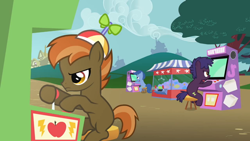 Size: 640x360 | Tagged: safe, derpibooru import, screencap, archer (character), button mash, hearts and hooves day (episode), apple bytes, arcade, arcade game, crane game, gamer, hearts and hooves day, high score