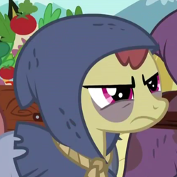 Size: 427x427 | Tagged: safe, derpibooru import, screencap, earth pony, pony, hearth's warming eve (episode), amaranthine, background pony, bags under eyes, cropped, earth pony tribe, female, grumpy, hearth's warming eve, hood, mare, narrowed eyes, peasant, solo