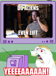 Size: 561x753 | Tagged: safe, derpibooru import, bulk biceps, ancient aliens, do you even lift, exploitable meme, giorgio a. tsoukalos, meme, obligatory pony, tv meme