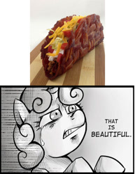 Size: 540x700 | Tagged: safe, derpibooru import, sweetie belle, bacon, exploitable meme, food, meme, taco, taco bell, that is beautiful