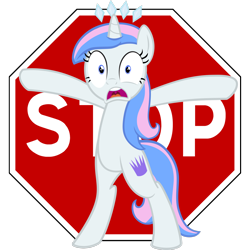 Size: 1460x1462 | Tagged: safe, artist:hfbn2, artist:liggliluff, derpibooru import, oc, oc only, oc:princess paradise, pony, unicorn, bipedal, female, frown, looking at you, mare, open mouth, simple background, solo, stop, stop sign, transparent background, vector, wide eyes