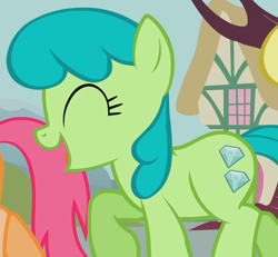 Size: 744x686 | Tagged: safe, derpibooru import, screencap, green jewel, tropical spring, earth pony, pony, a friend in deed, background pony, eyes closed, female, happy, mare, solo focus