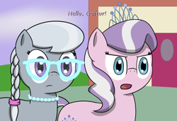 Size: 950x650 | Tagged: safe, artist:pvryohei, derpibooru import, diamond tiara, silver spoon, dialogue, glasses, out of context