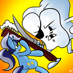 Size: 1000x1000 | Tagged: dead source, safe, artist:fauxsquared, derpibooru import, minuette, fight, pirate, sword, tooth, toothbrush, weapon