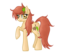 Size: 610x533 | Tagged: safe, artist:pony-spiz, derpibooru import, oc, oc only, oc:autumn leaves, earth pony, pony, hair ornament, kooner, leaf, looking at you, solo