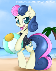 Size: 3300x4200 | Tagged: safe, artist:lustrous-dreams, derpibooru import, bon bon, sweetie drops, pony, beach, beach ball, bipedal, clothes, one-piece swimsuit, solo, swimsuit