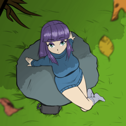 Size: 1280x1280 | Tagged: safe, artist:scorpdk, maud pie, human, boulder, breasts, clothes, female, grass, humanized, looking at you, maud pies, outdoors, socks, solo, tree