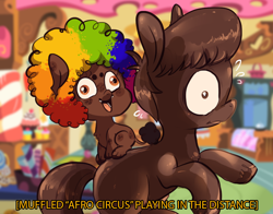 Size: 894x700 | Tagged: safe, artist:tweissie, derpibooru import, oc, oc only, oc:chocolate pony, oc:rice paddy, chocolate pony, food pony, original species, pony, afro circus, ask little rice paddy, descriptive noise, food, madagascar, meme, muffled rap music playing in distance, ponified